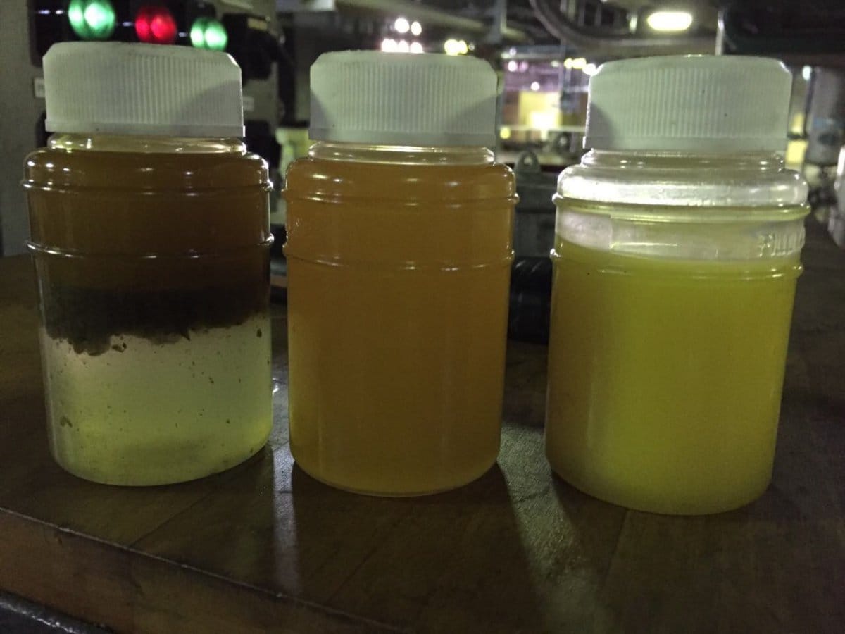 Contaminated lubricants lube oil with mositure and diesel bug